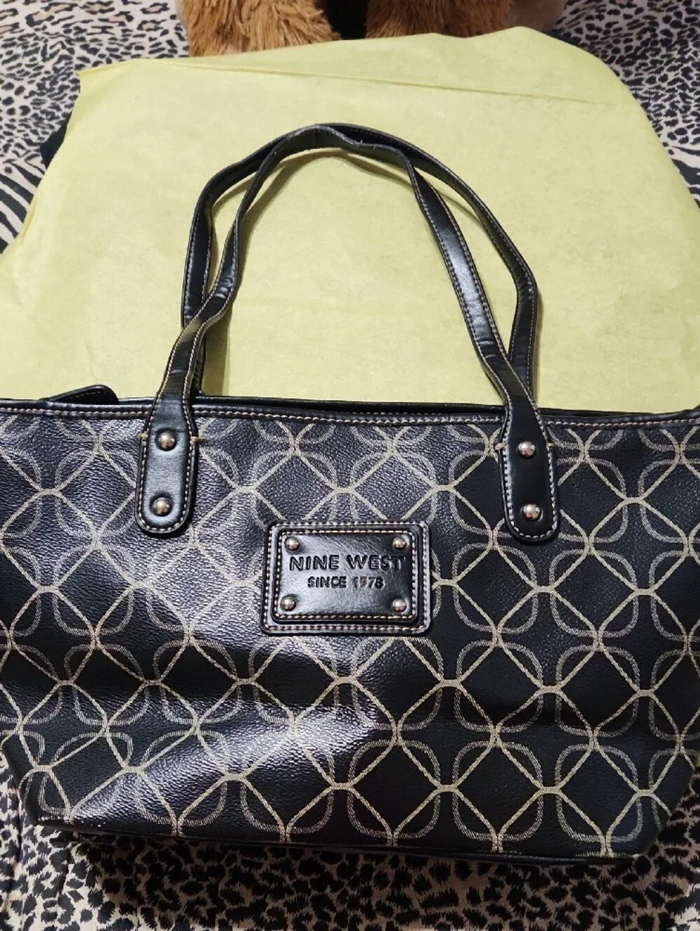 Nine West Black Tote with Cream Geometric Stitching